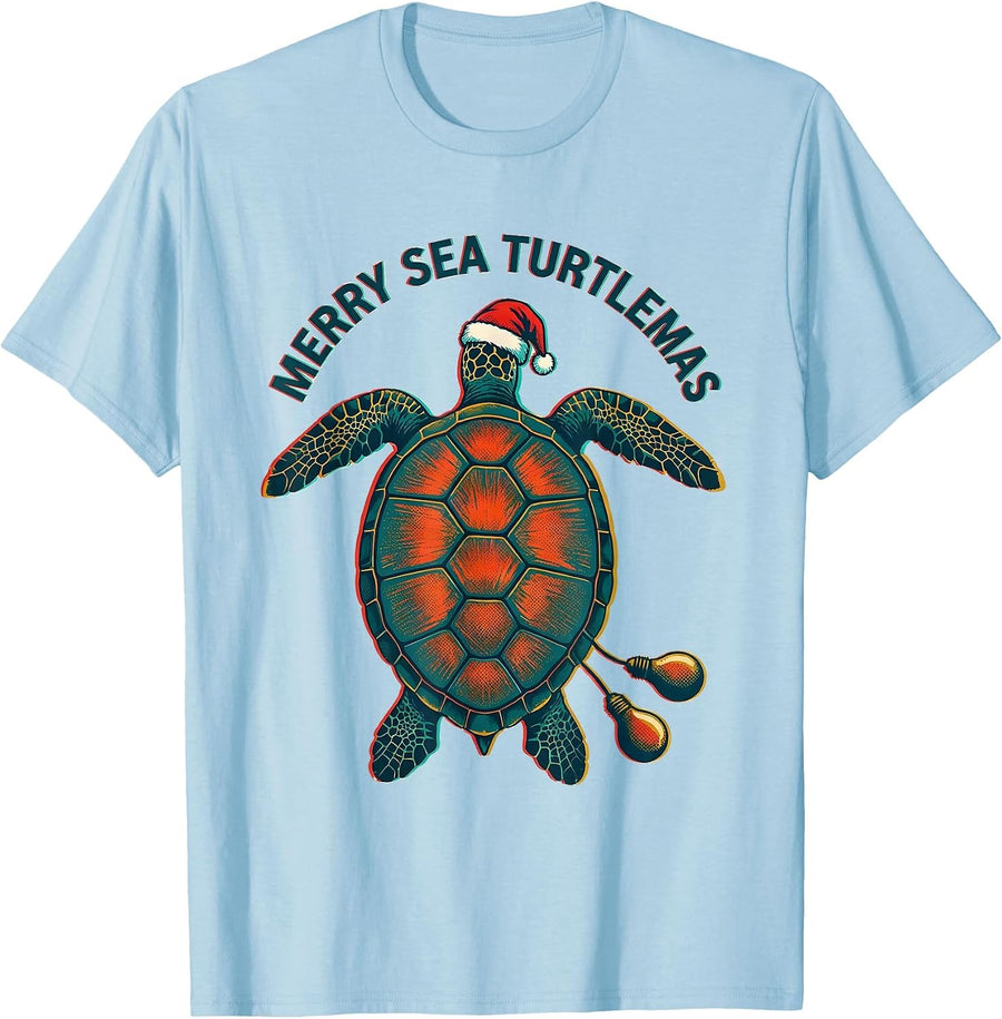 Men's Merry Sea Turtlemas Whimsical Sea Turtle Lover Christmas T-Shirt - Baby Blue