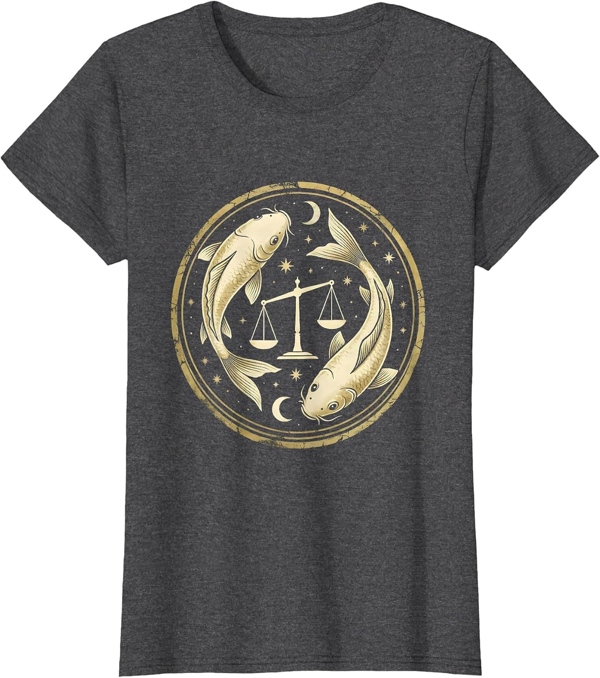 Women's Libra Koi Fish Balance Scale Zodiac Design T-Shirt - Dark Heather Grey