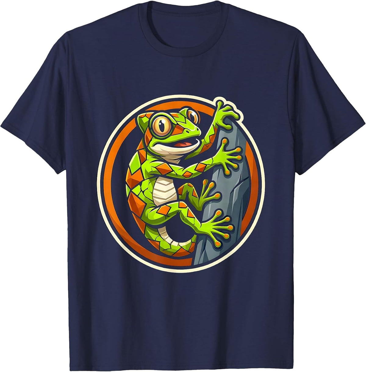 Vivid Gecko Climbing Animal Print Graphic T-Shirt - Navy Blue