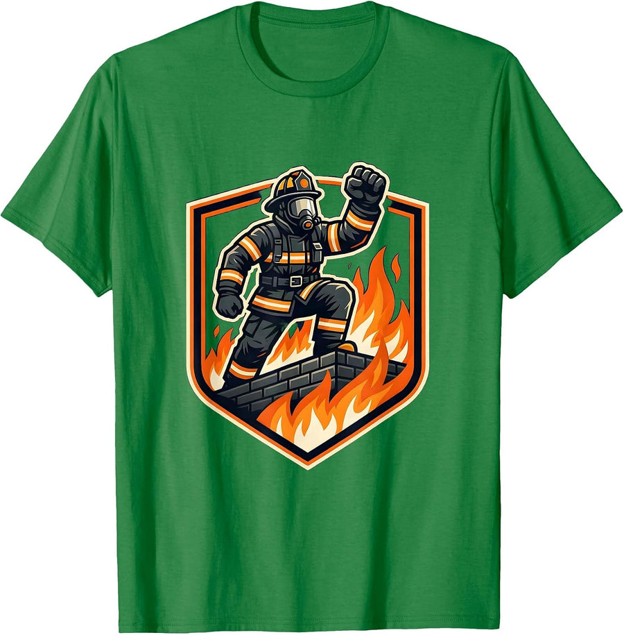 Men's Firefighter Silhouette Emerging From Wall of Flames T-Shirt - Kelly Green