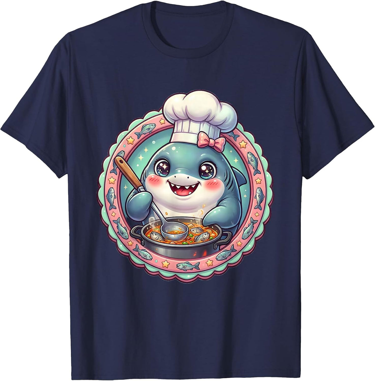 Mommy Shark Chef Cooking Fish Stew Illustration T-Shirt - Navy Blue