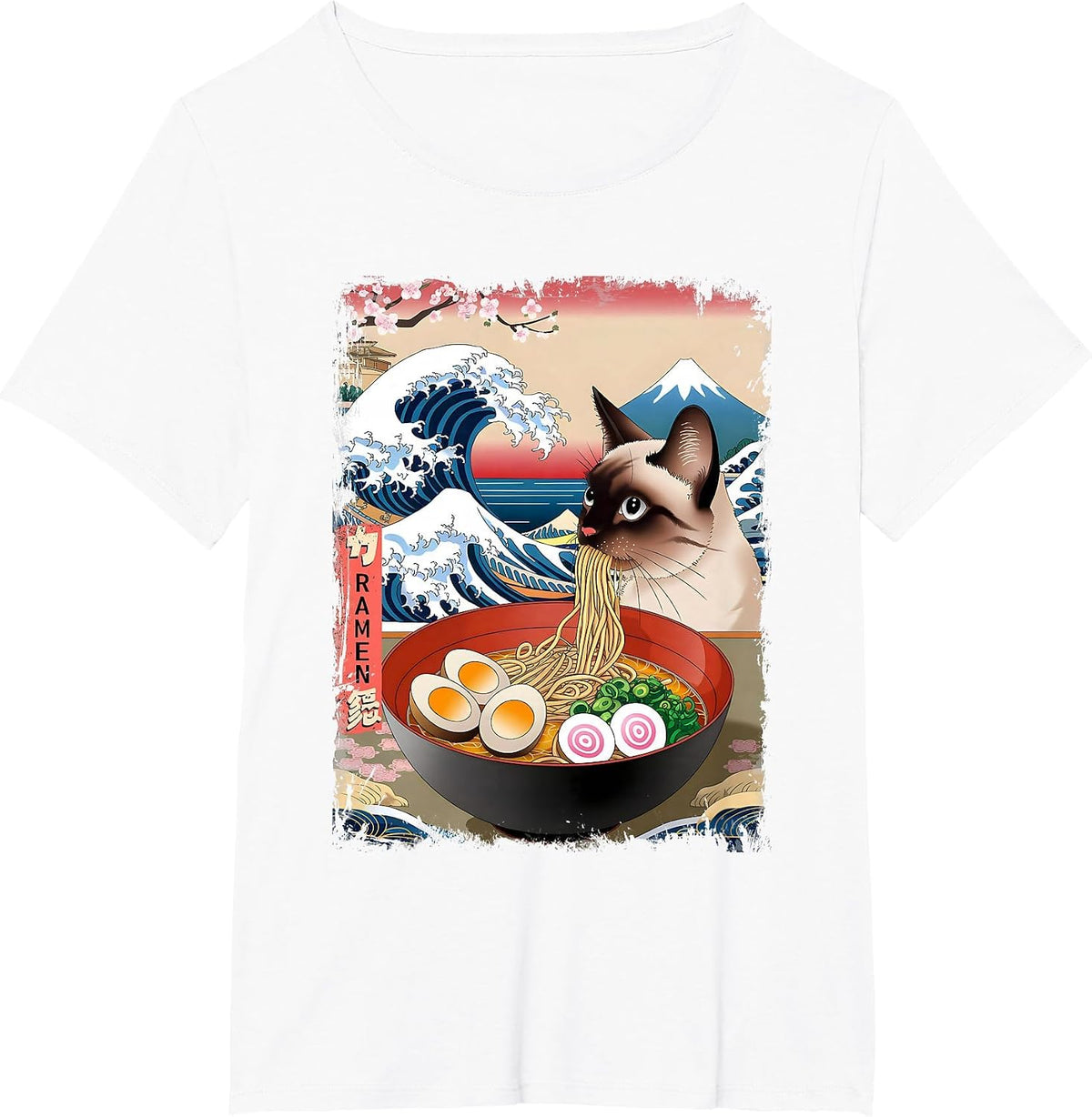 Siamese Cat Eating Ramen Noodles Ocean Waves Japanese Art T-Shirt - White