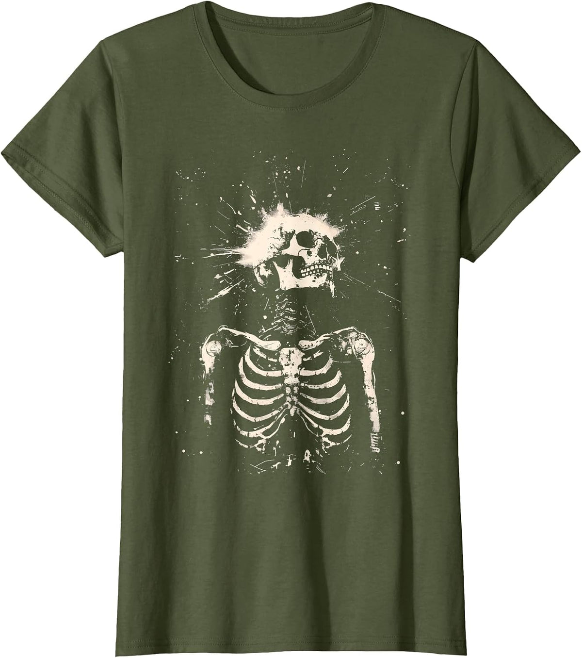 Goth Grunge Skeleton Skull Y2K Gothic Alt Emo Dark Aesthetic T-Shirt - Olive Green