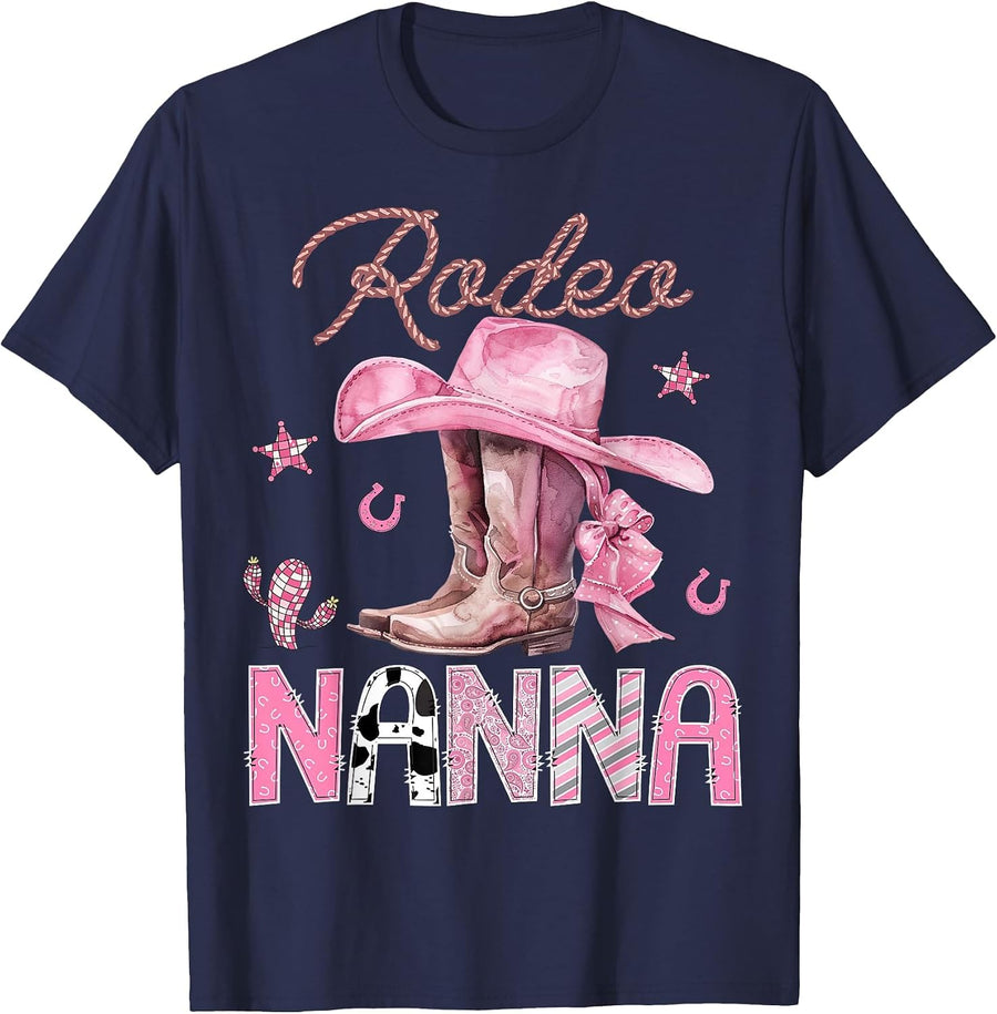 Rodeo Nanna Pink Boots Coquette Cowgirl Birthday Party T-Shirt - Navy Blue