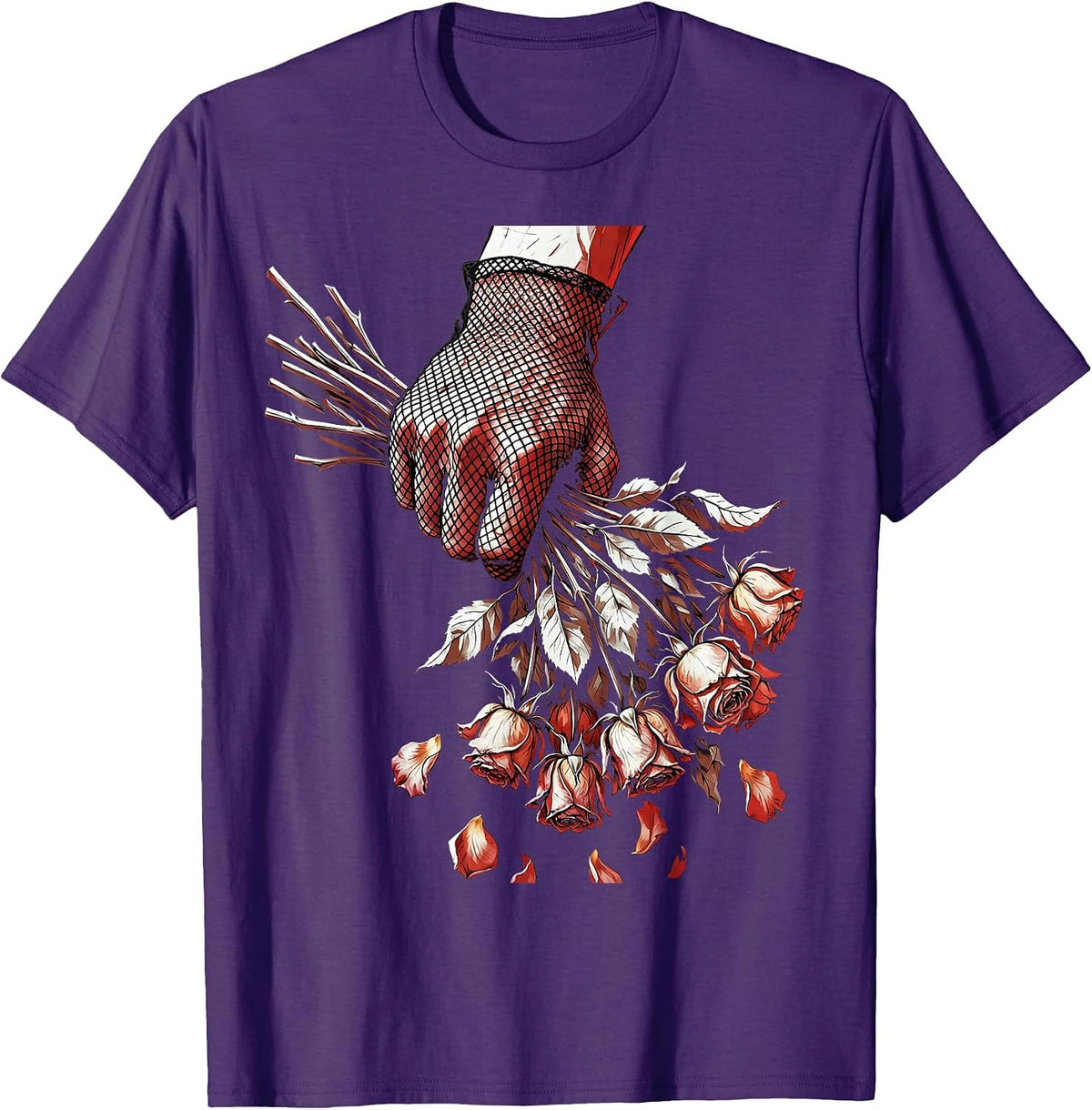 Fishnet Glove Dead Flowers Dark Aesthetic Graphic T-Shirt - Purple