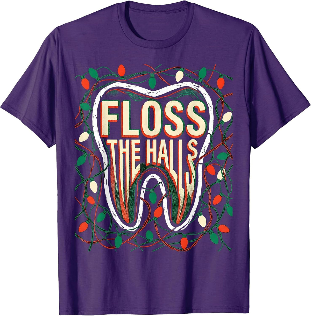 Men's Floss the Halls Risograph Funny Dentist Dental Hygienist T-Shirt - Purple