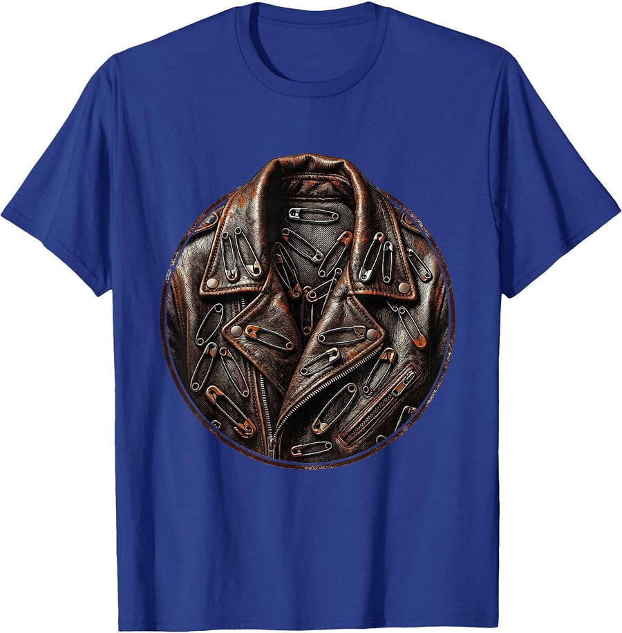 Elder Emo Rusty Safety Pin Leather Jacket Art T-Shirt - Royal Blue