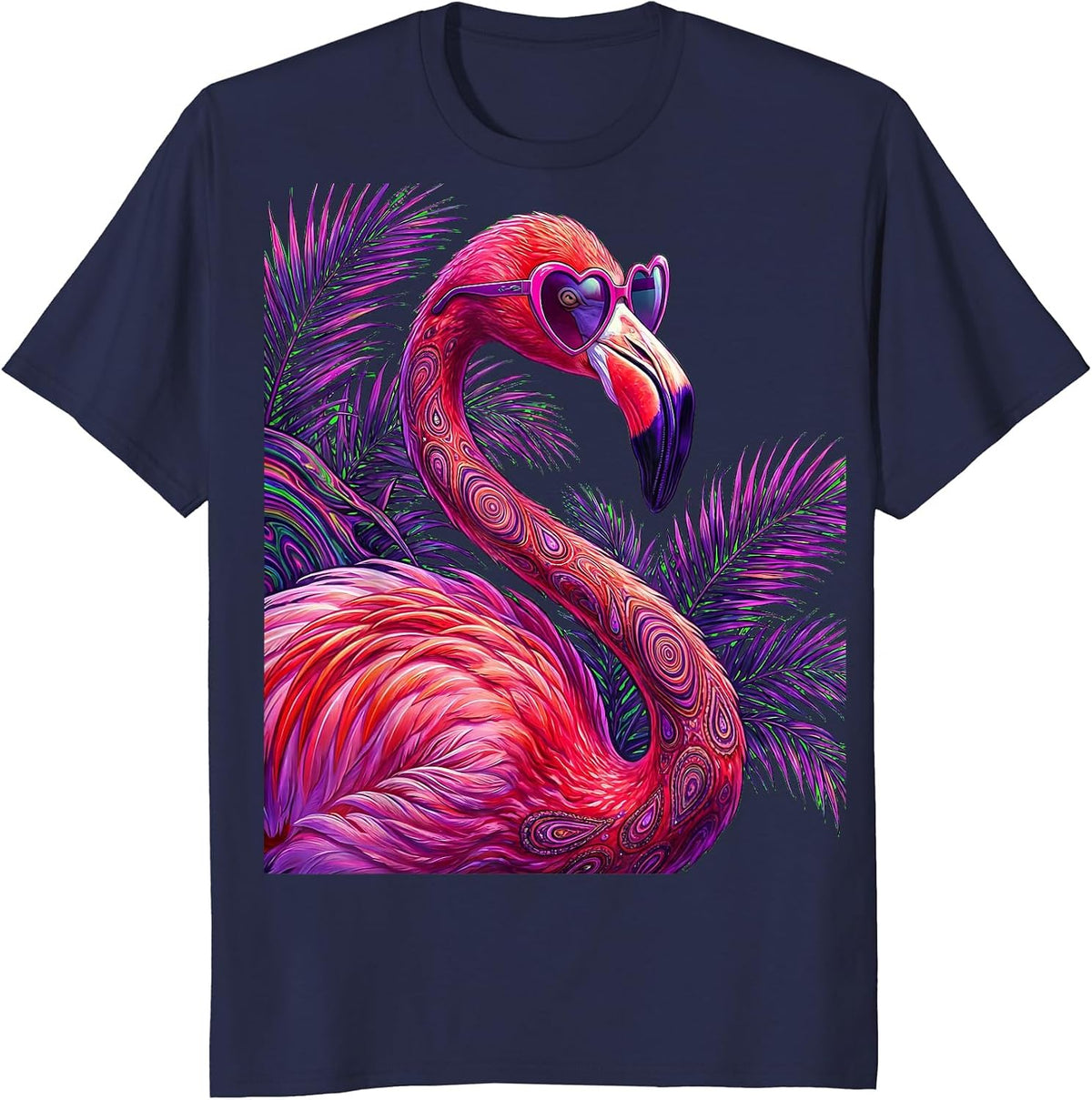 Neon Flamingo Sunglasses Retro 80s Design T-Shirt - Navy Blue