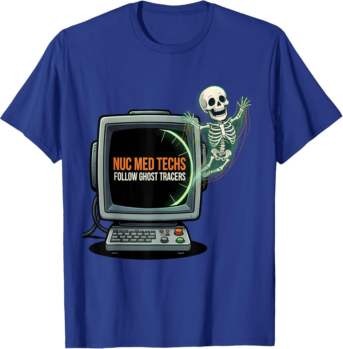 Men's Nuc Med Techs Follow Ghost Tracers Cartoon Radiology Tech T-Shirt - Royal Blue