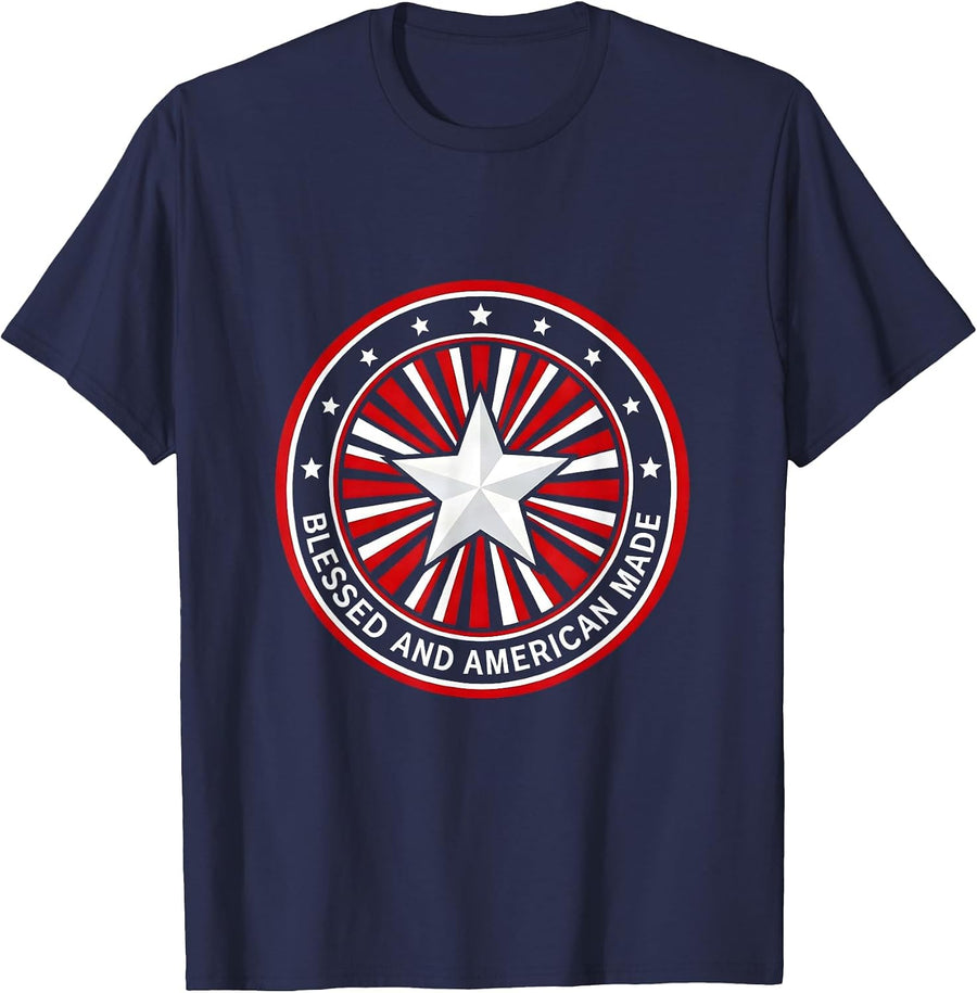 Blessed and American Made Red White and Blue Design T-Shirt - Navy Blue