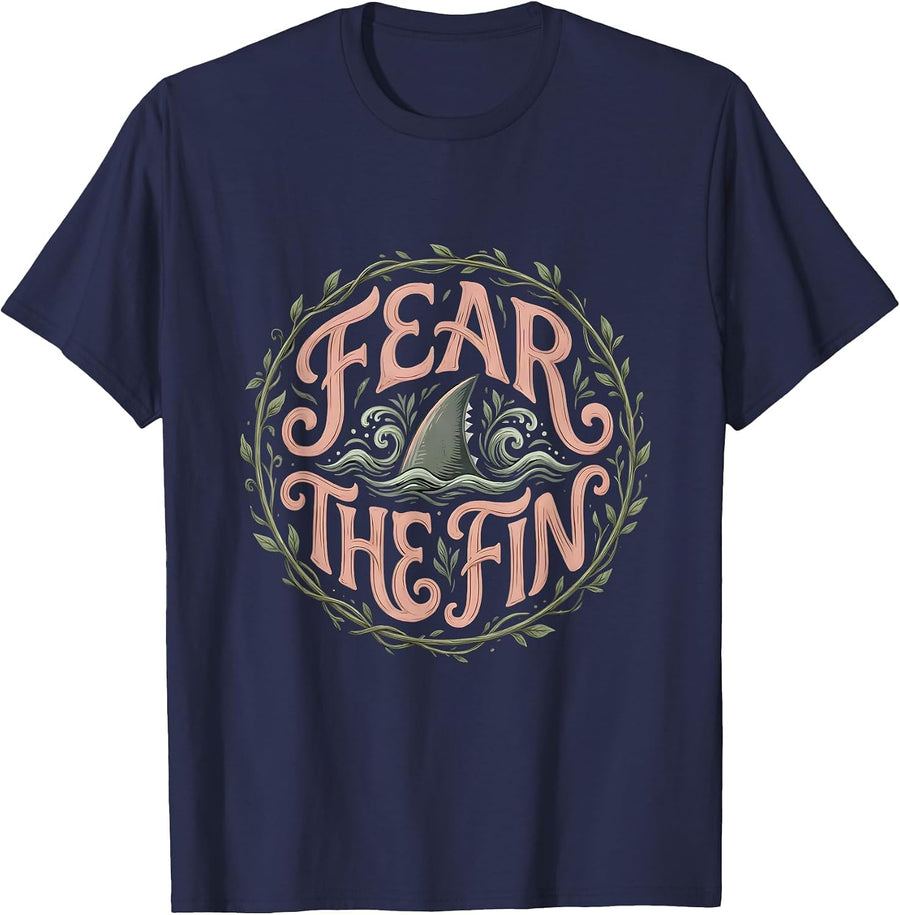 Fear the Fin Shark Graphic Design T-Shirt - Navy Blue