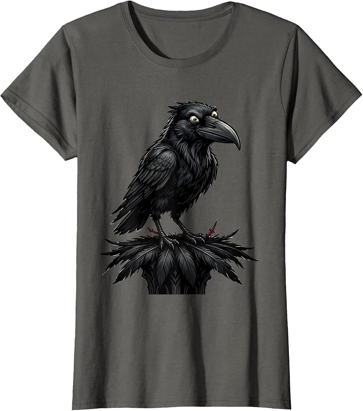 Women's Black Crow Raven Gothic Cartoon Nature Lover T-Shirt - Asphalt Grey