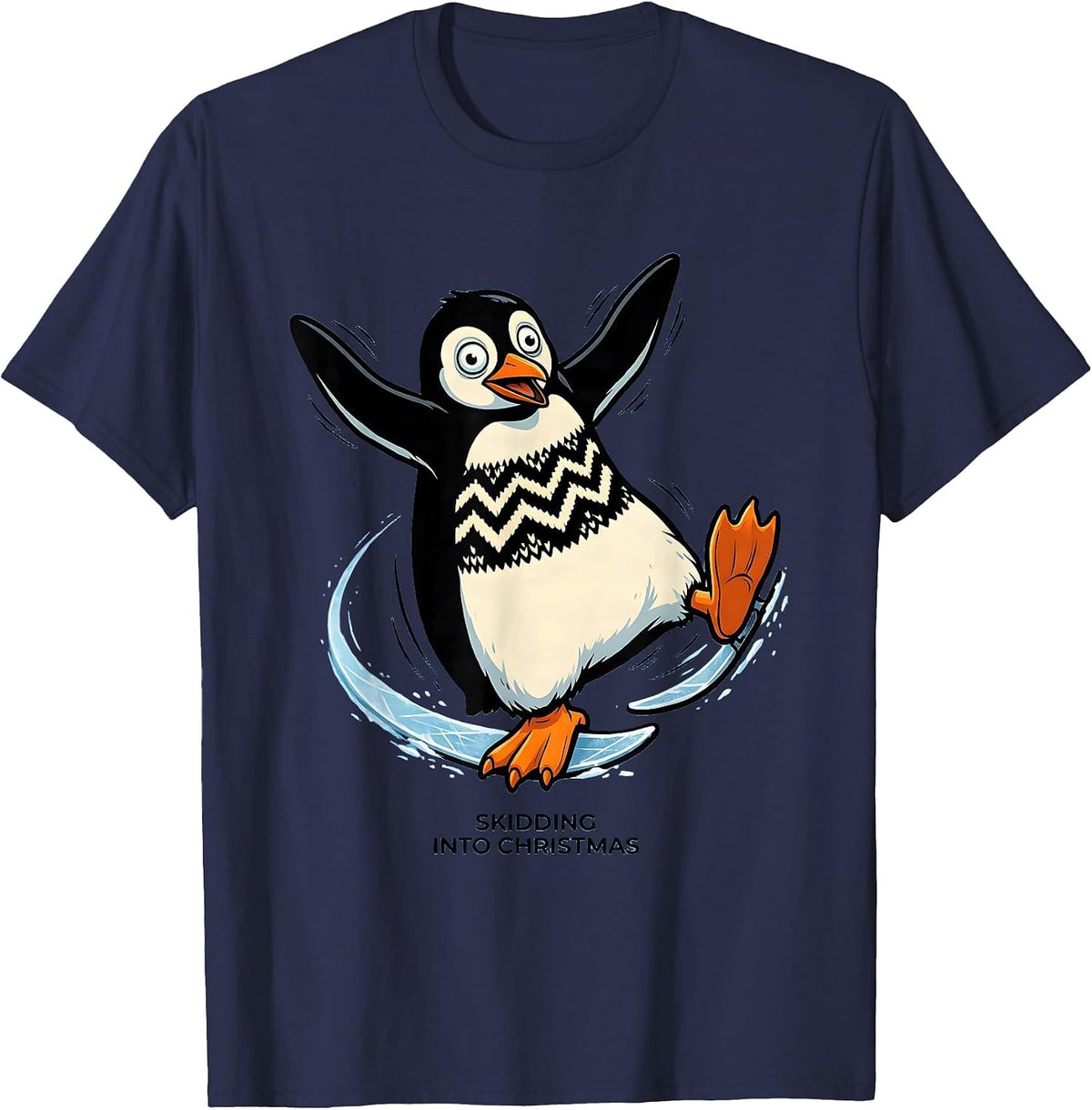 Men's Skidding Into Christmas Funny Ugly Christmas Penguin Novelty T-Shirt - Navy Blue