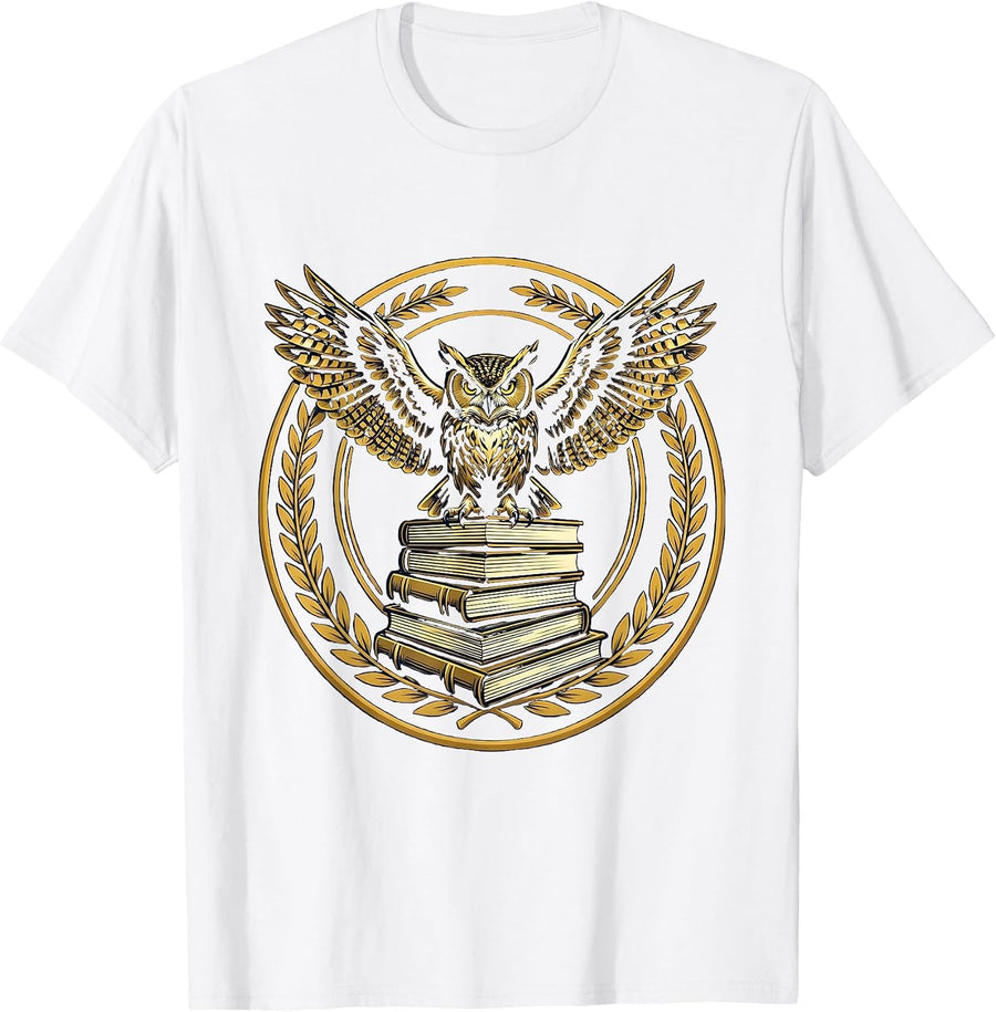 Men's Wise Owl Perched on Stacked Textbooks Design T-Shirt - White