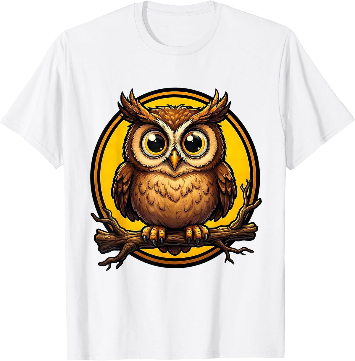 Men's Owl Perched on Branch Wide Eyes Animal Print T-Shirt - White