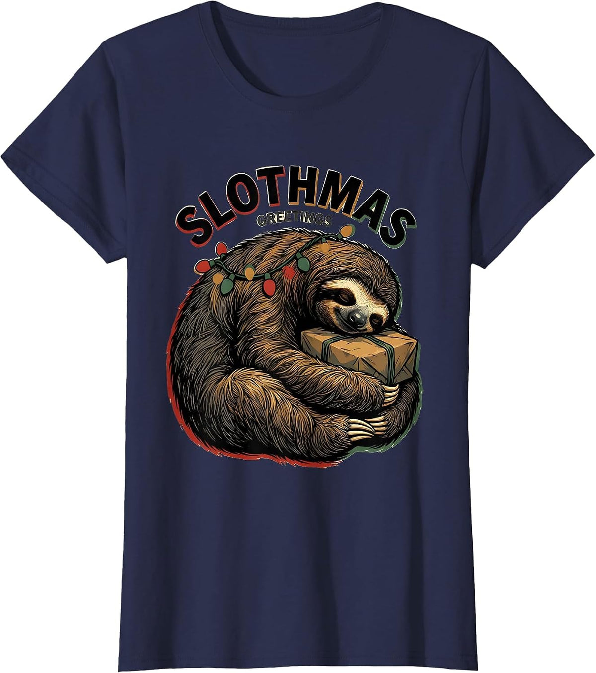 Women's Slothmas Greetings Funny Sloth Lover Christmas Pajama Gift T-Shirt - Navy Blue
