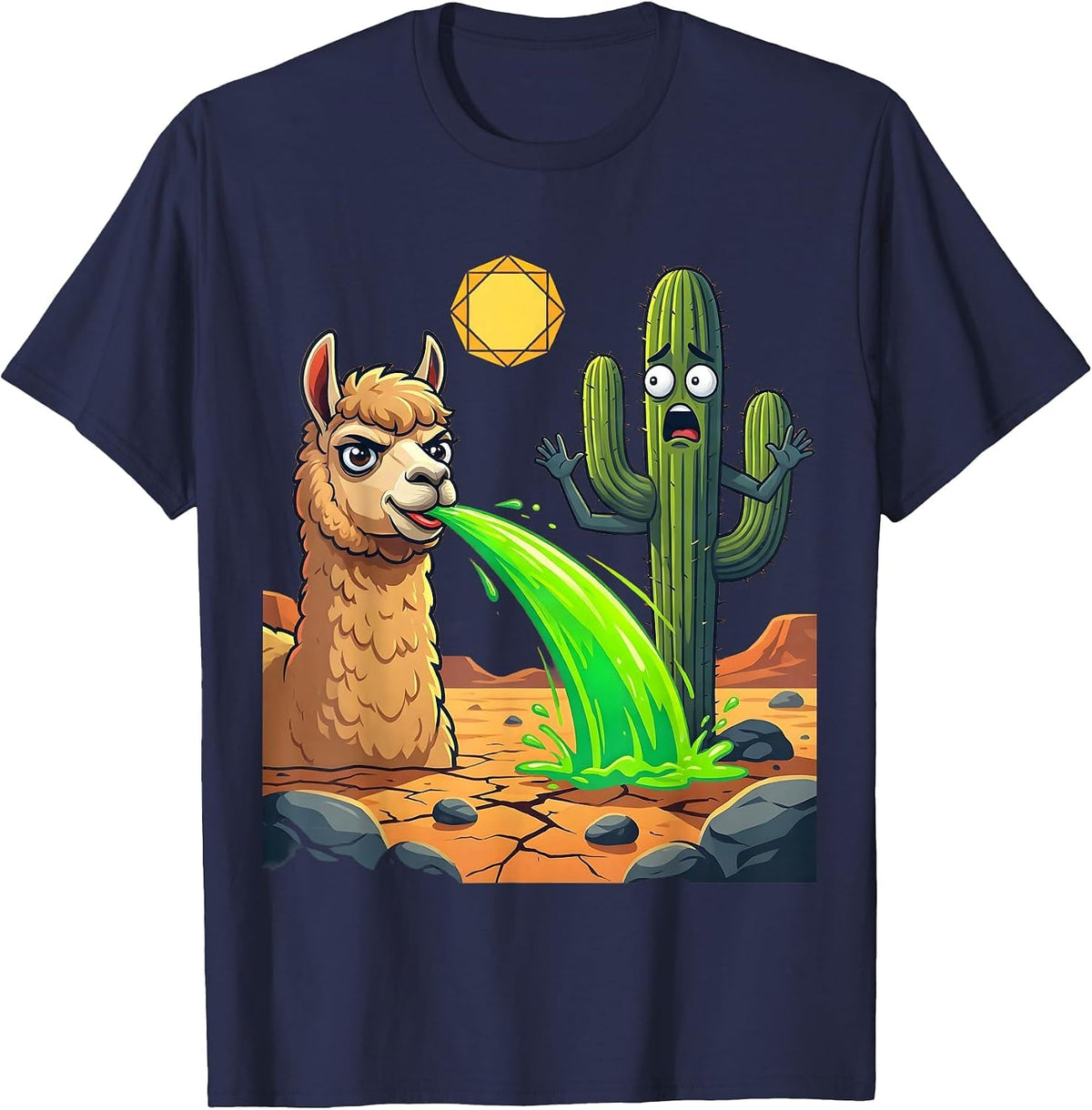Funny Llama Spitting at Cactus Desert Scene T-Shirt - Navy Blue