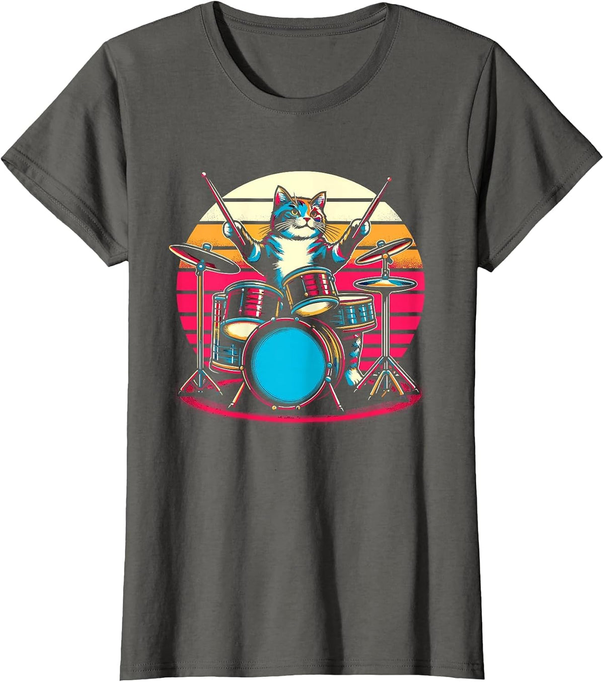 Cat Playing Drums Drummer Novelty Music Lover Funny Drummer T-Shirt - Asphalt Grey