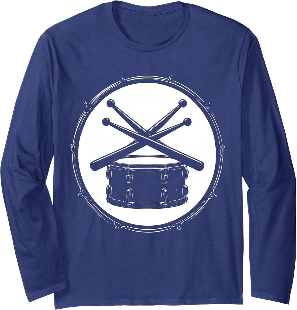 Crossed Drumsticks Snare Drum Rock Percussion Art Long Sleeve T-Shirt - Adult Unisex Navy Blue