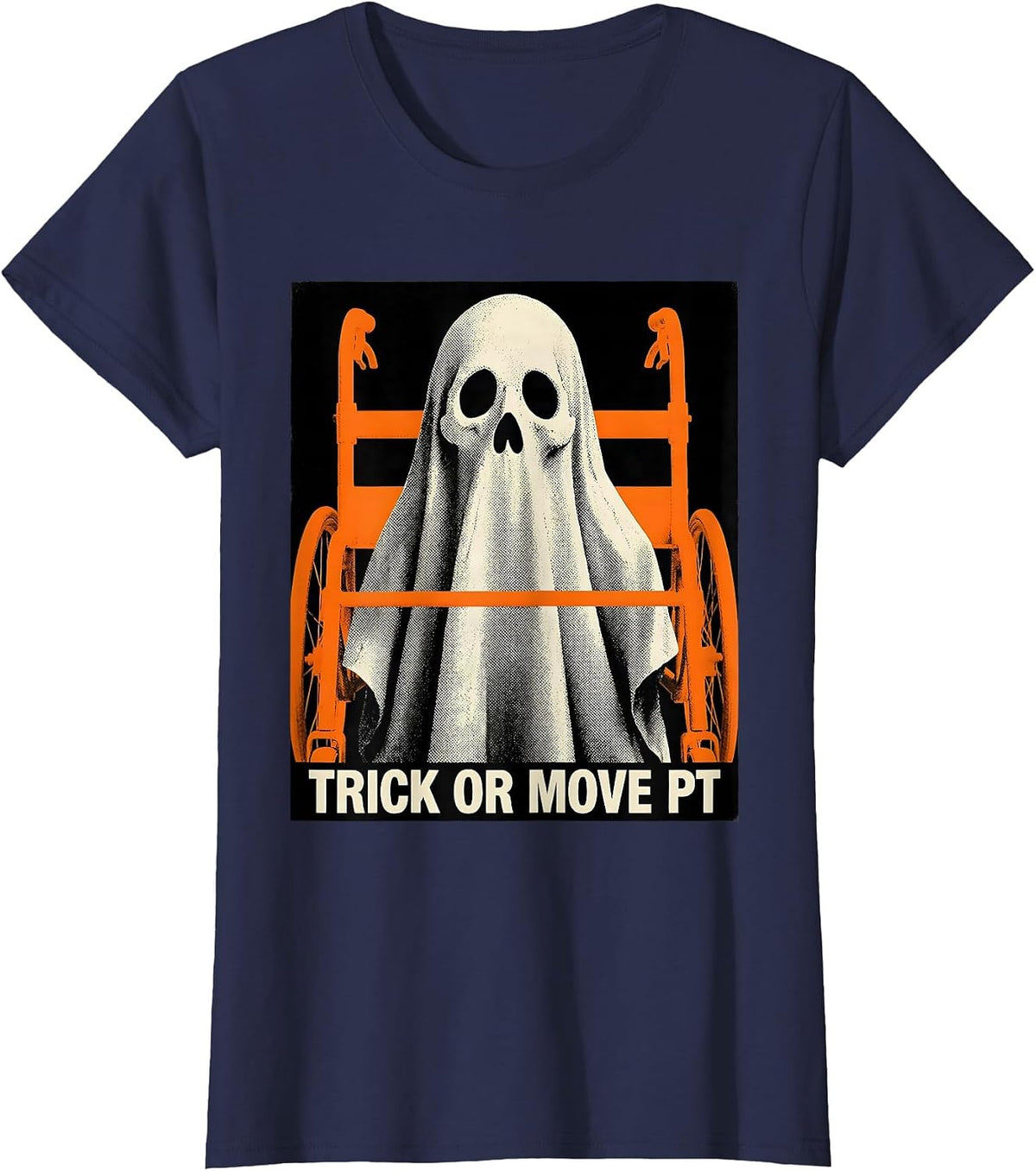 Women's Trick Or Move PT Funny Physical Therapy Ghost Halloween T-Shirt - Navy Blue