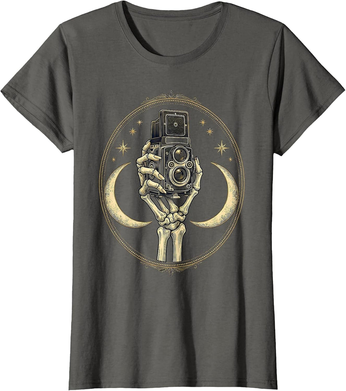 Women's Skeleton Hand Vintage Camera Photography Graphic T-Shirt - Asphalt Grey