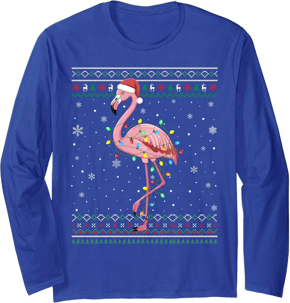 Flamingo Bird Lover Funny Xmas Santa Ugly Christmas Lights Long Sleeve T-Shirt - Adult Unisex Royal Blue
