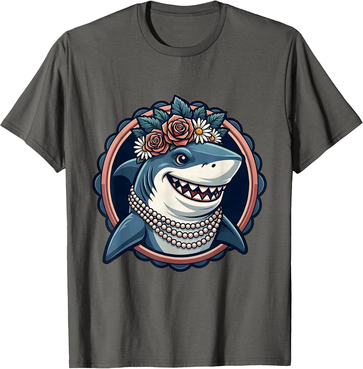 Men's Mommy Shark Floral Crown and Pearl Necklace T-Shirt - Asphalt Grey