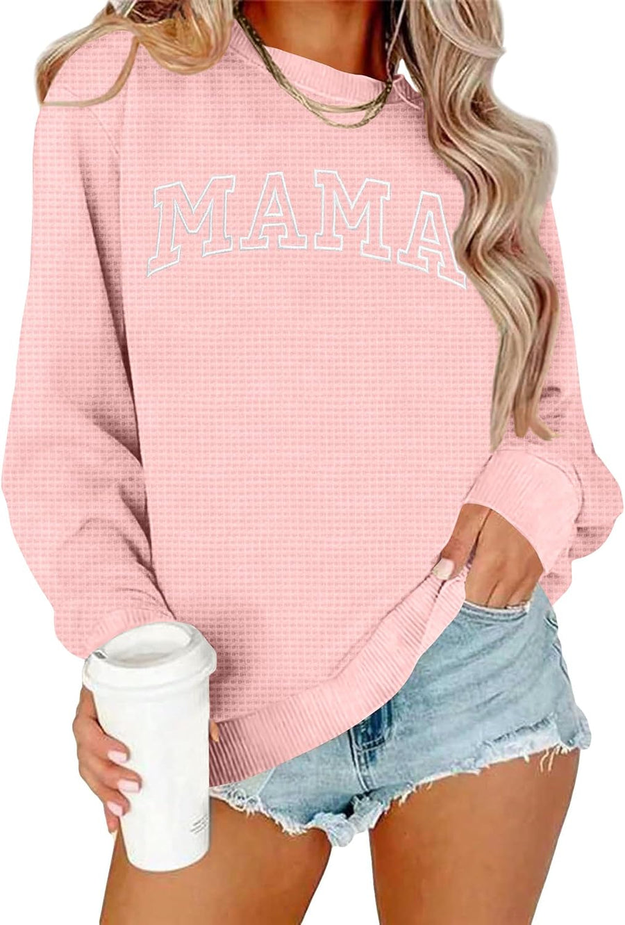 Ithalt Mama Sweatshirt for Women: Embroidered Mama Shirts Mom Pullover Long Sleeve Tops Waffle Knit Sweatshirts - Lightpink