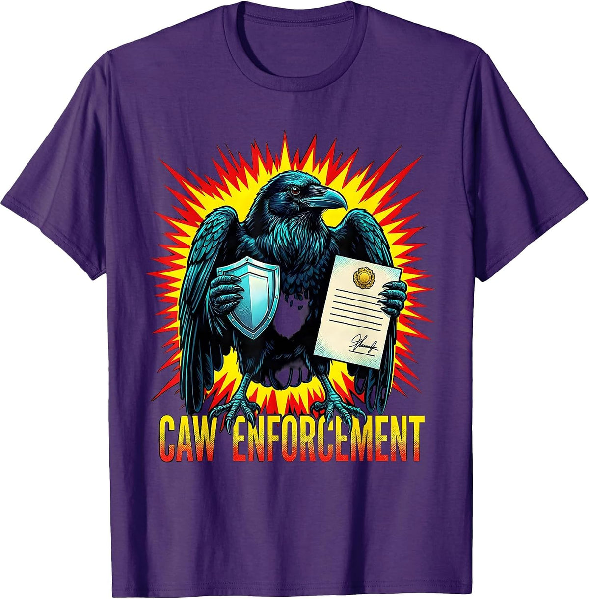 Men's Caw Enforcement Pop Art Dark Humor Gothic Crow Bird Lover T-Shirt - Purple