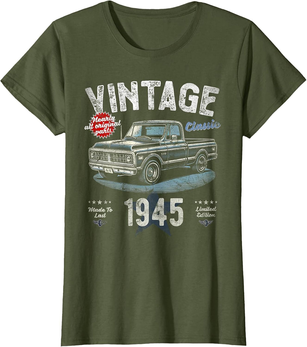 Vintage, Born 1945, 80th Birthday, Classic Pick Up Truck T-Shirt - Olive Green