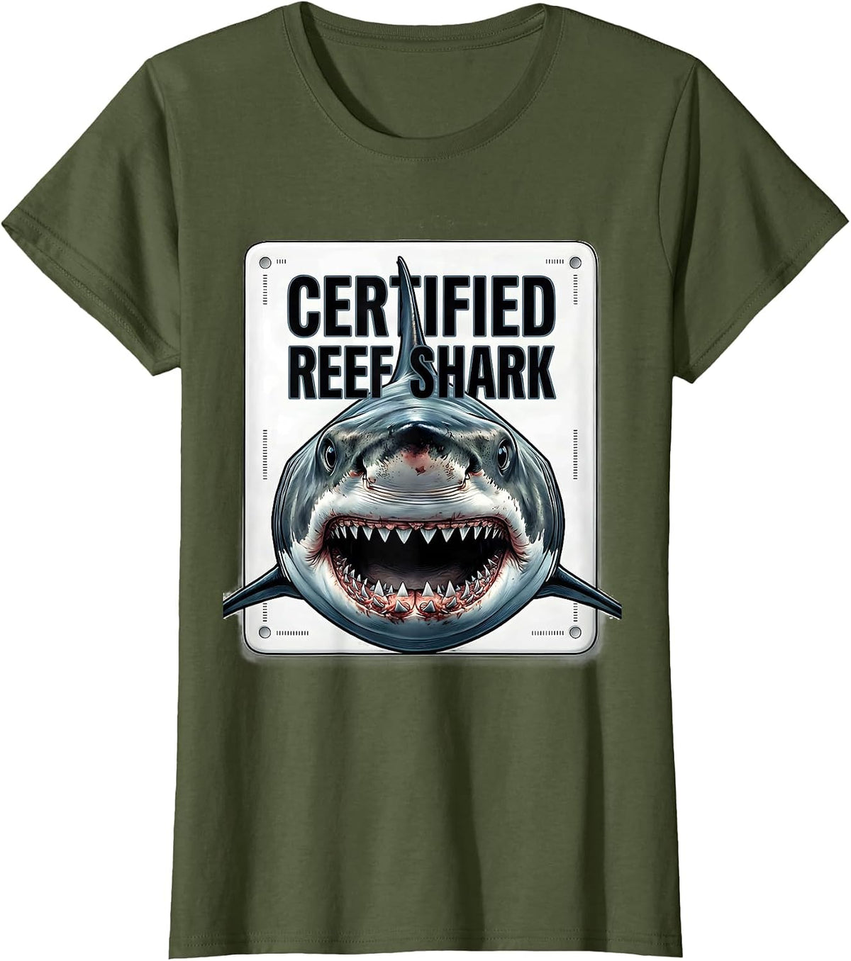 Women's Certified Reef Shark Funny Shark Lover Ocean Wildlife Humor T-Shirt - Olive Green