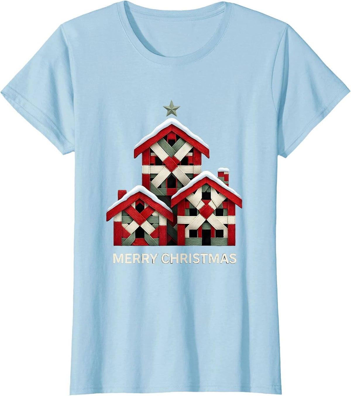 Women's Merry Christmas Geometric Buffalo Plaid Family Matching T-Shirt - Baby Blue