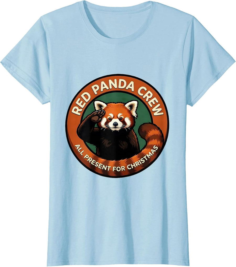 Women's Red Panda Crew, All Present For Christmas Cartoon T-Shirt - Baby Blue