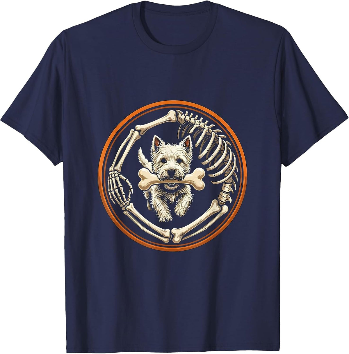 Men's Halloween Skeleton Chasing Westie Dog Breed Humor T-Shirt - Navy Blue