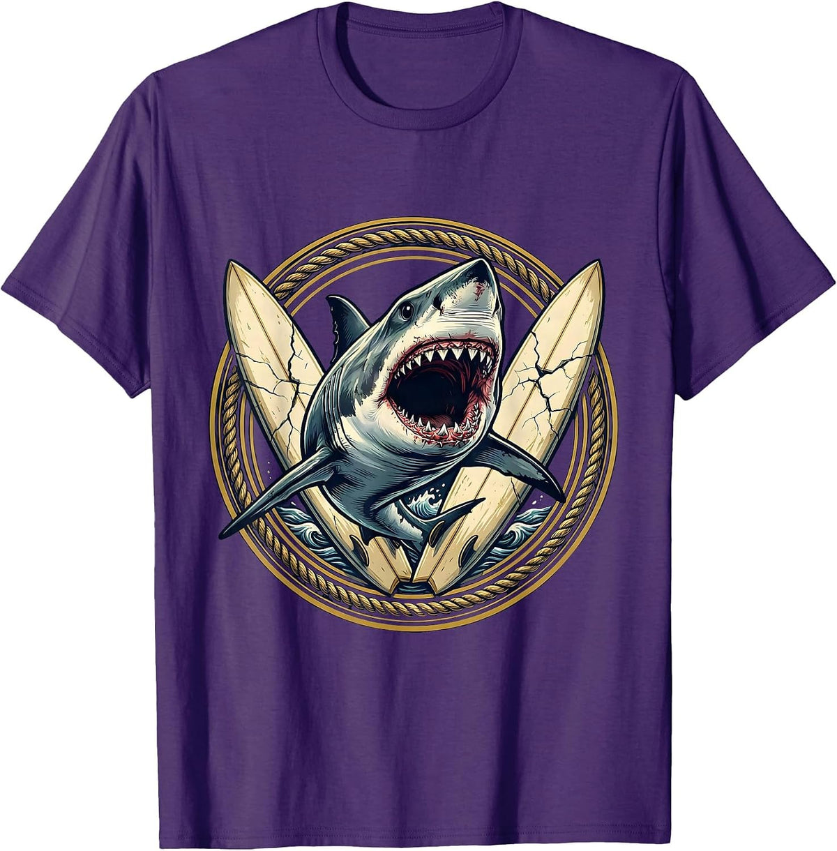 Men's Shark Bursting Through Vintage Surfboard Graphic T-Shirt - Purple
