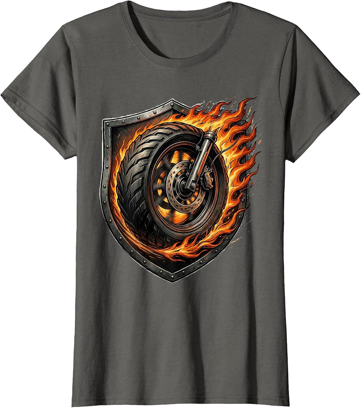 Women's Flaming Motorbike Wheel Rock and Roll Graphic T-Shirt - Asphalt Grey