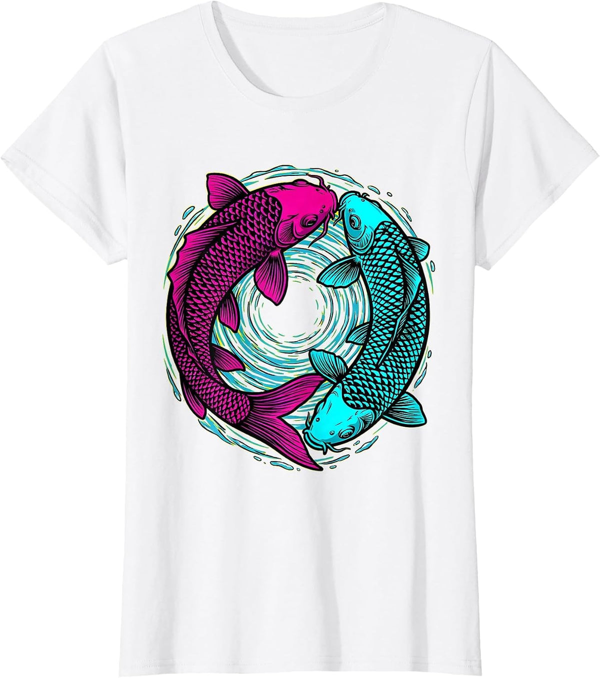 Women's Twin Day Matching Koi Fish Circling Design T-Shirt - White