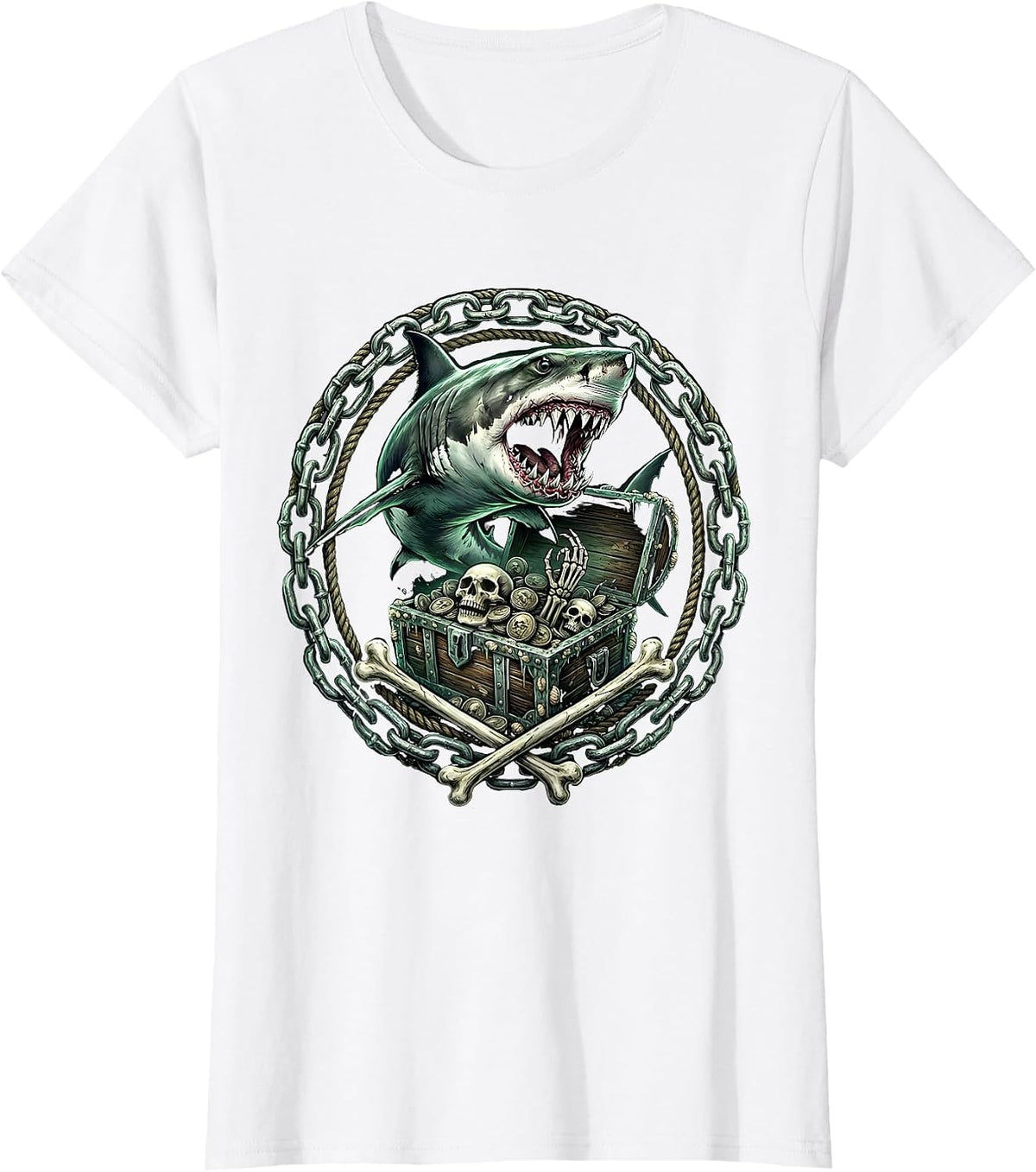 Tiger Shark Coiling Around Treasure Chest T-Shirt - White