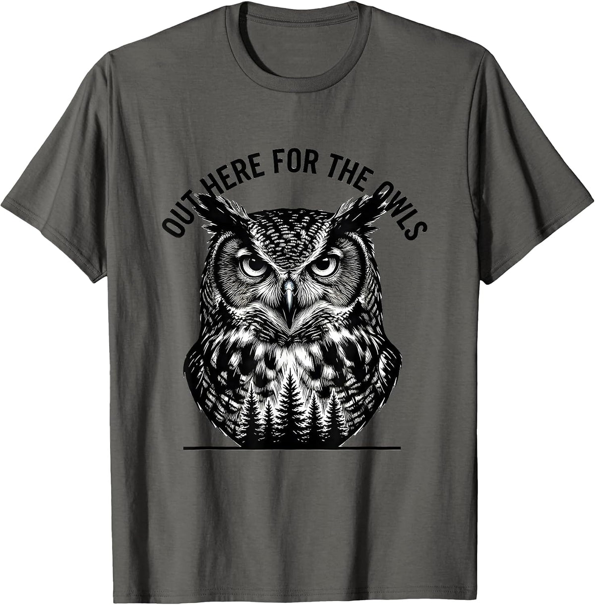 Men's Out Here For The Owls Scratchboard Forest Wildlife Animal T-Shirt - Asphalt Grey