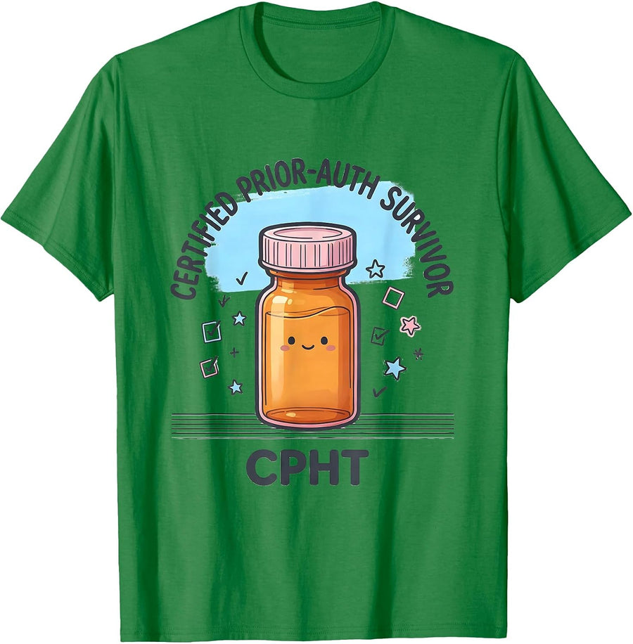 Men's Certified Prior-Auth Survivor, CPhT Funny Pharmacy Tech T-Shirt - Kelly Green