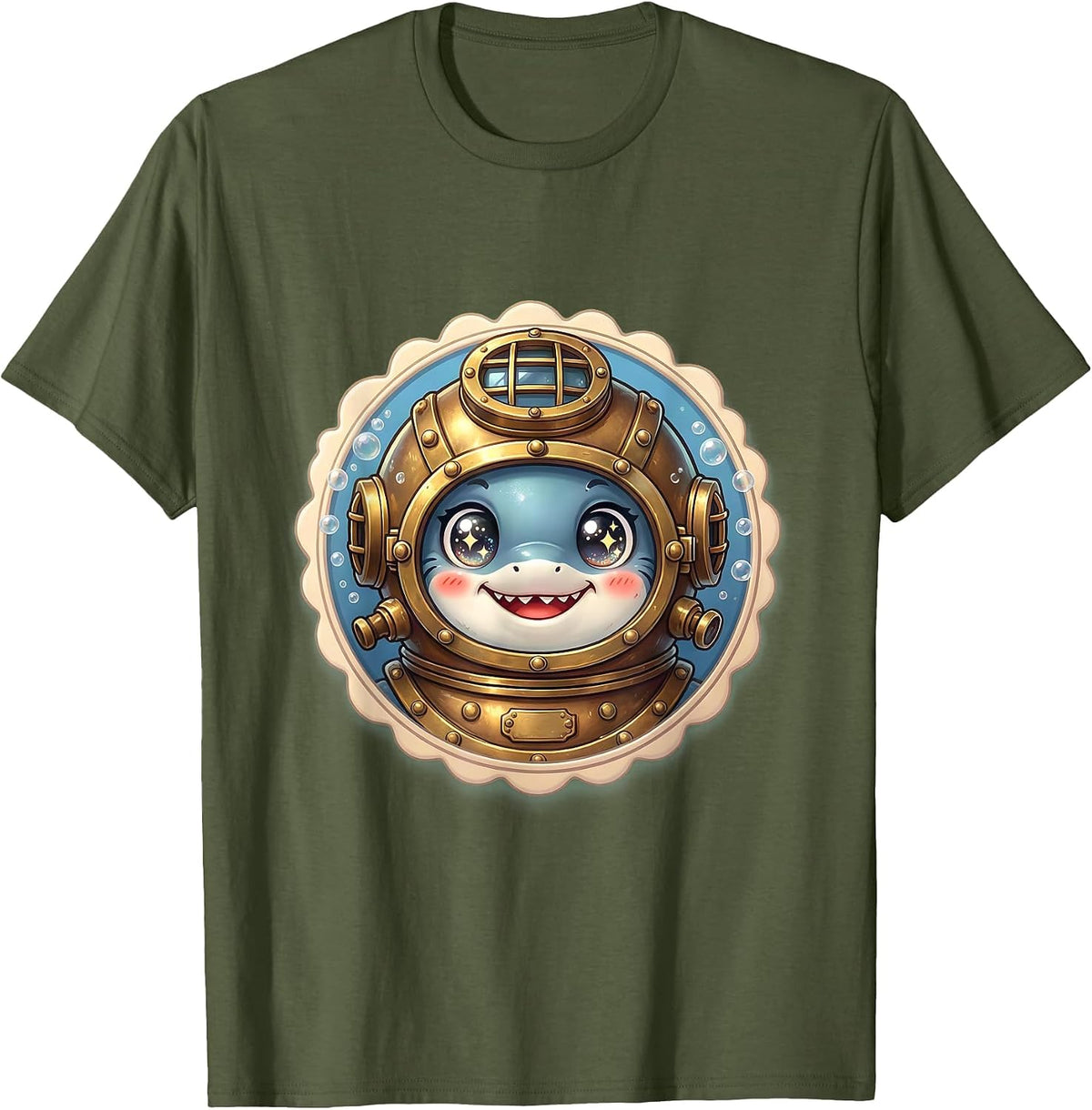 Shark in Vintage Diving Helmet Illustration T-Shirt - Olive Green