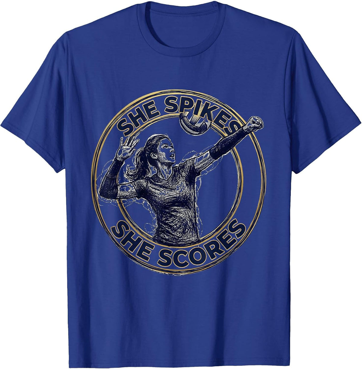 She Spikes She Scores Volleyball Design T-Shirt - Royal Blue