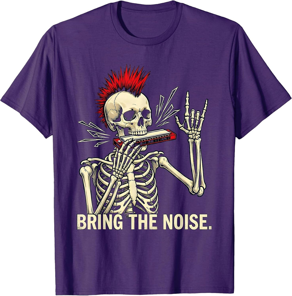 Men's Bring The Noise Punk Rock Skeleton Skull Halloween Music T-Shirt - Purple