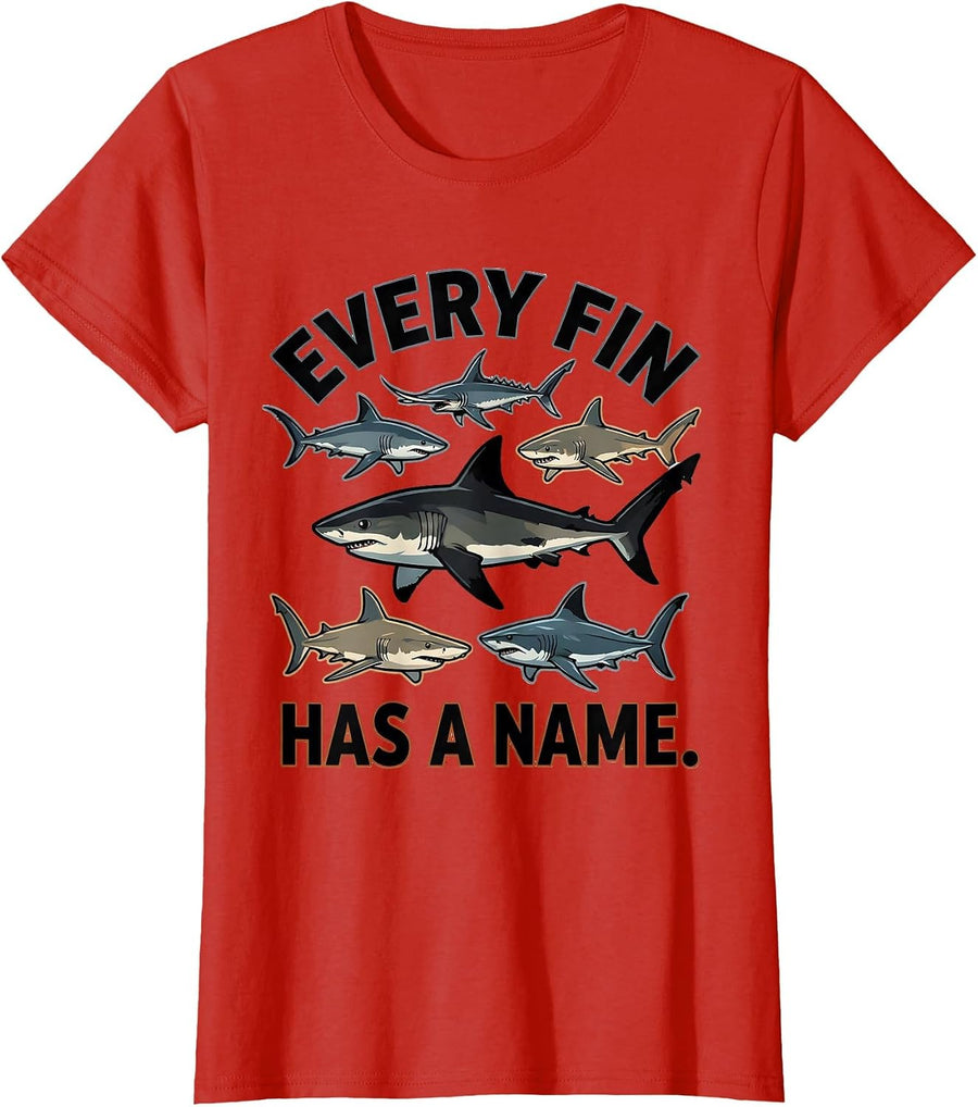 Women's Every Fin Has A Name Funny Shark Species Marine Biology T-Shirt - Red