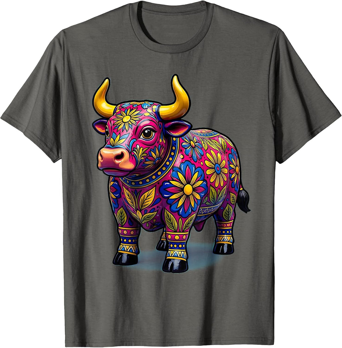 Mexican Talavera Bull Painted Floral Art Design T-Shirt - Asphalt Grey