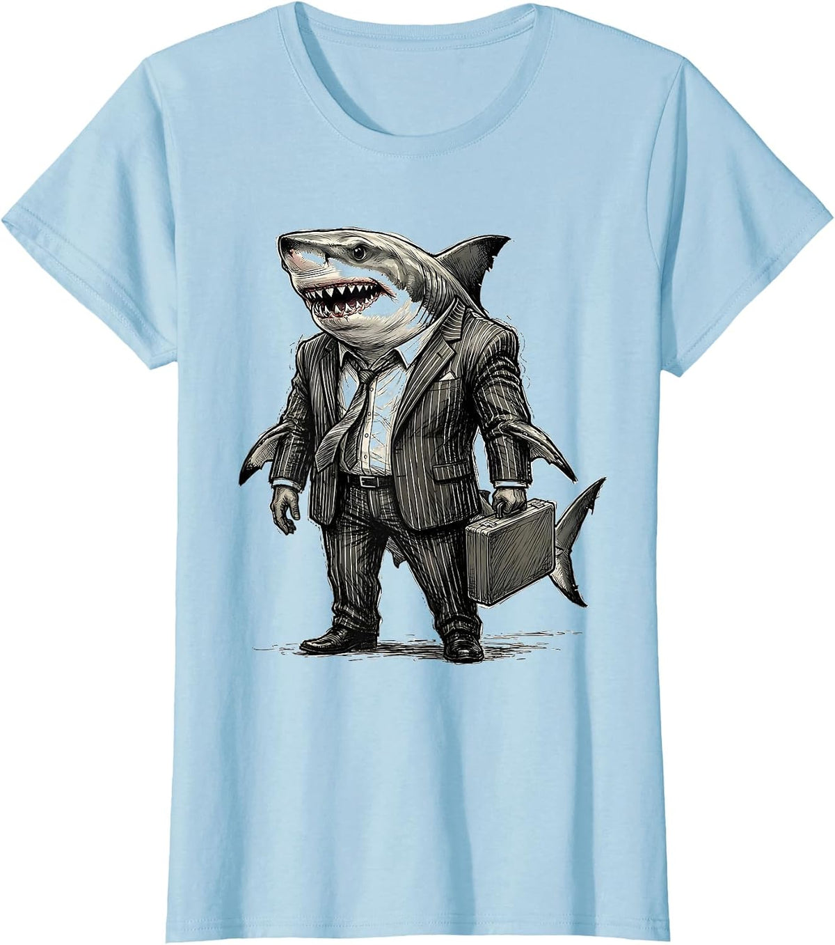 Women's Shark in Business Suit Novelty Graphic Design T-Shirt - Baby Blue
