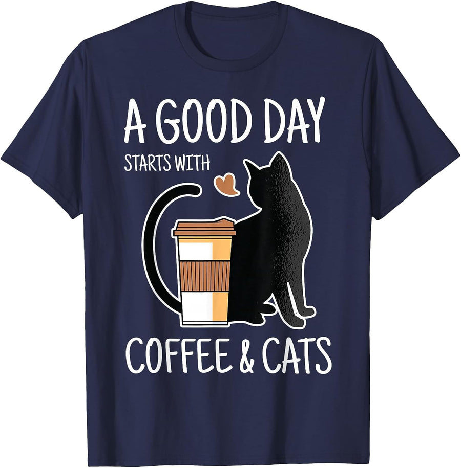 A Good Day Starts with Coffee and Cats Funny Cute Cat Lovers T-Shirt - Navy Blue