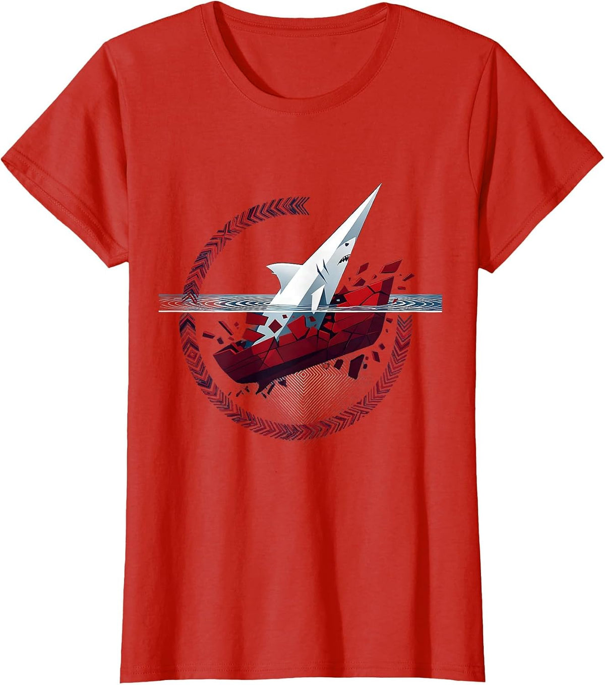 Shark Circling Sinking Ship Graphic Design T-Shirt - Red