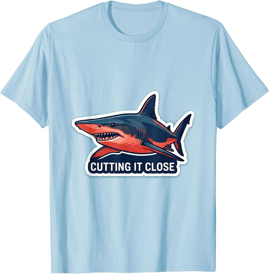 Men's Cutting It Close Funny Shark Lover Marine Biology Ocean T-Shirt - Baby Blue
