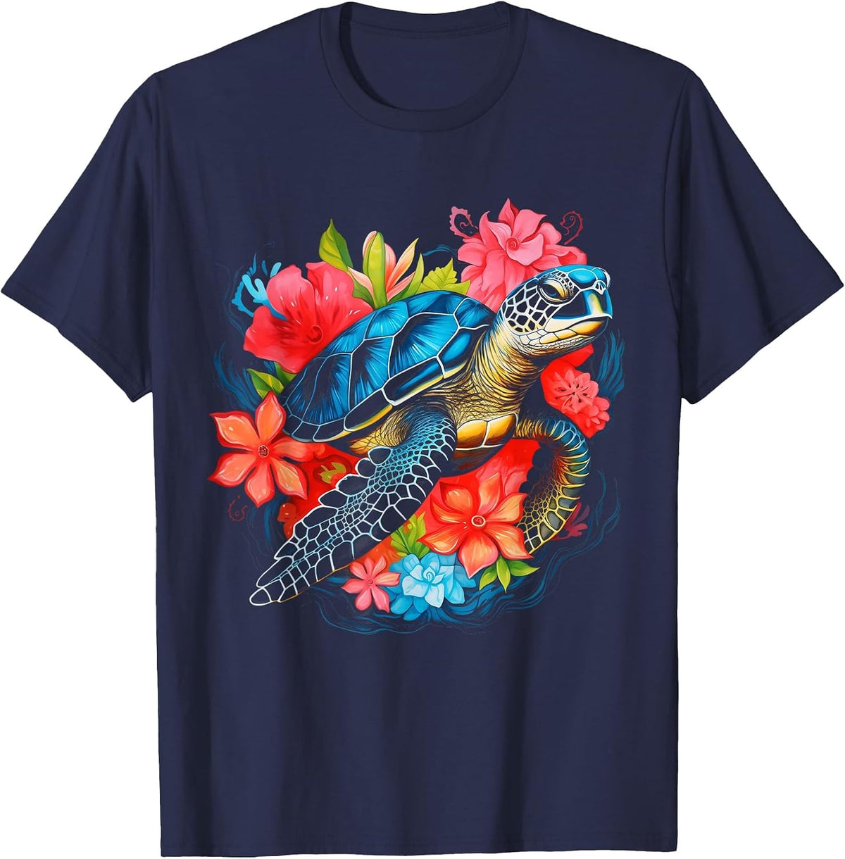 Sea Turtle Hawaiian Flowers Hawaii Scuba Diving Diver T-Shirt - Navy Blue